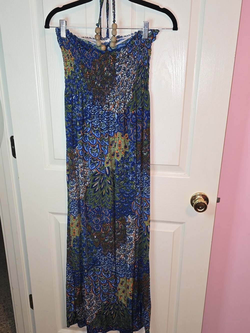 Bohemian Smocked Halter Maxi Dress in Blue and Green Print